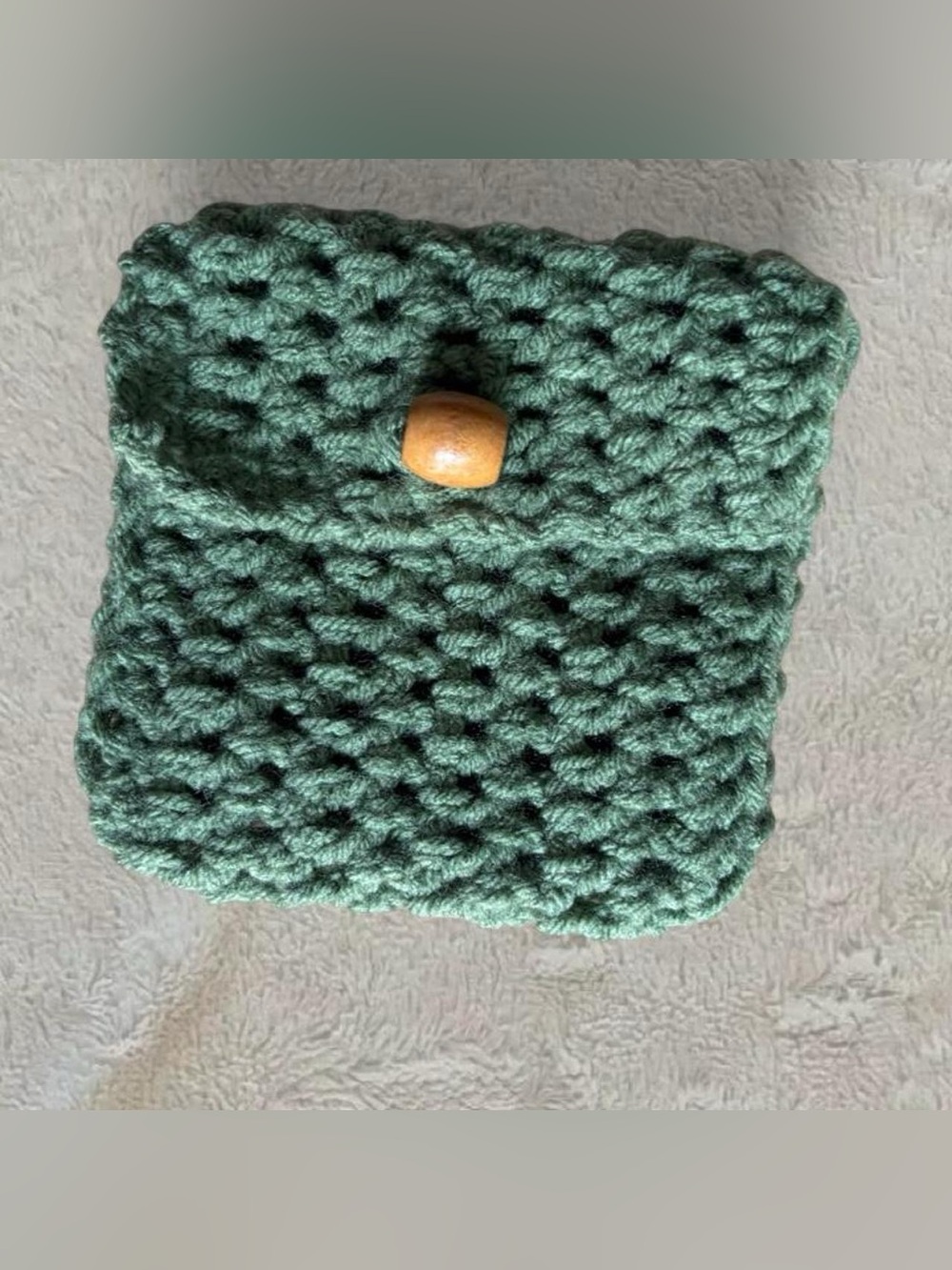 Handmade Dark Green Crochet Pouch with Wooden Button